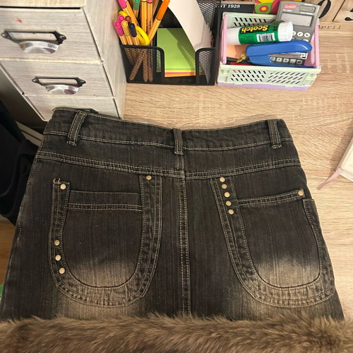 Denim mini skirt with fur like new, XS-S, blue and brown