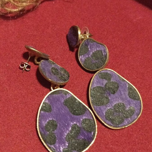 Leopard Purple Drop Earrings like new, embossed fabric design
