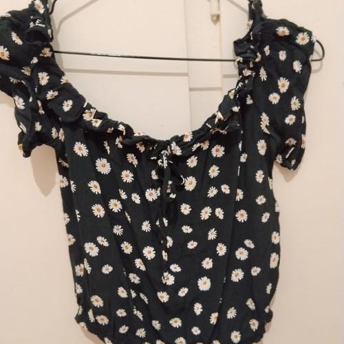 Bershka blouse with off-shoulder design, black with white daisies, size S