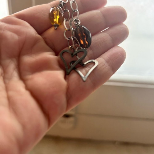 Sterling silver chain necklace with multicolour beads and heart charms like new