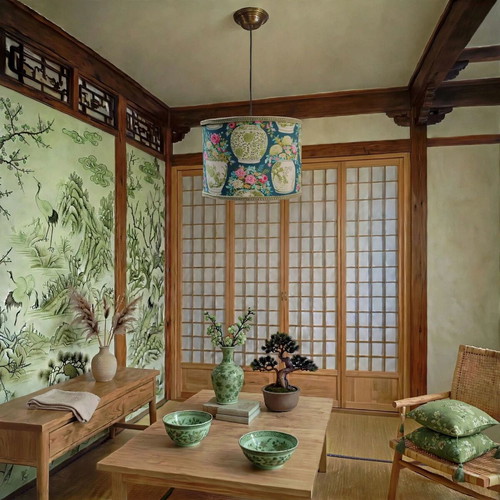 Ceiling light green Japanese vase with oxygen lampshades, 35x20 cm