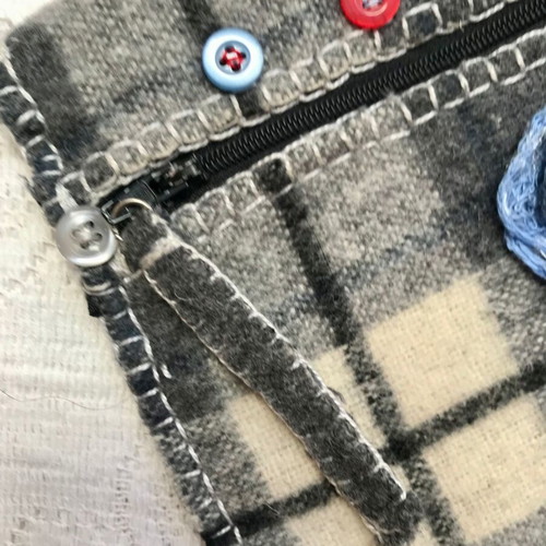 Checked Gray Felt Handmade Toiletry Bag New with Zipper