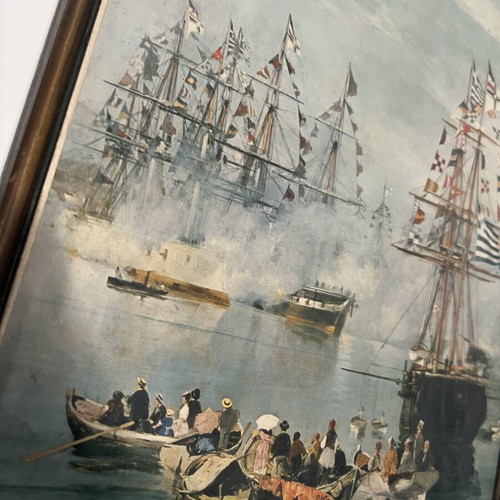 Vintage ναυτικός πίνακας με ελληνική σημαία, ιστιοφόρα και λιμάνι, 30 εκ