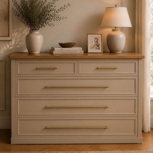 Chest of drawers linen beige with natural wood surface, like new