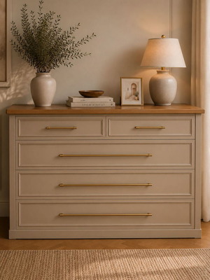 Chest of drawers linen beige with natural wood surface, like new