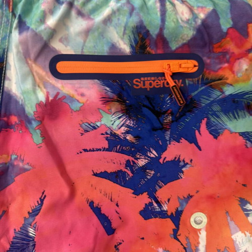 Superdry men's swim shorts with colorful tropical design, size L