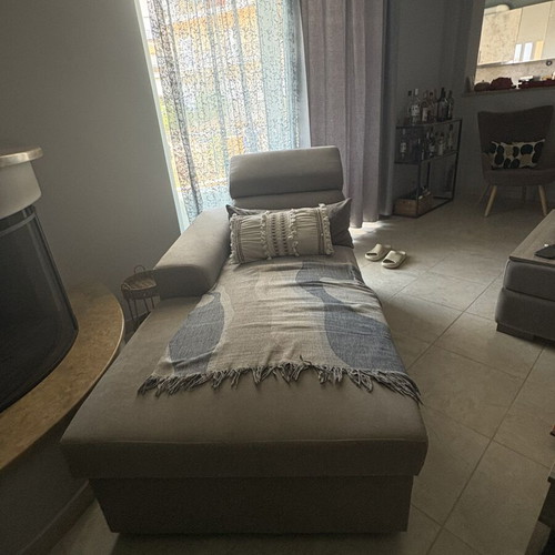 Recliner sofa Praktiker with storage and headrest mechanism, beige-gray