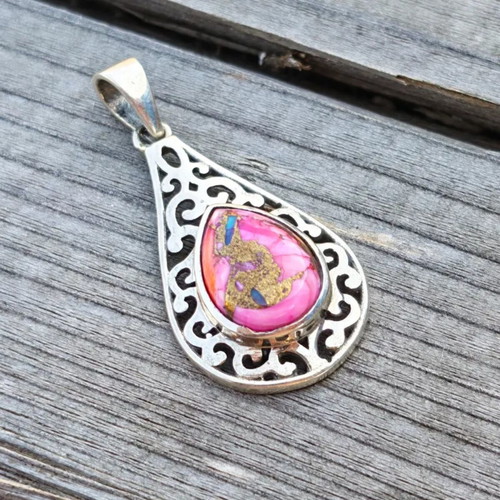 Silver pendant with pink oyster copper turquoise new