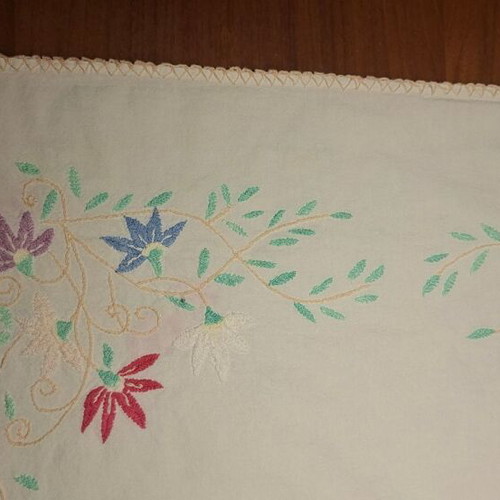 Vintage tablecloth with multicolored embroidered flowers, 133x128 cm