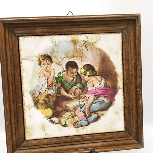 Vintage ceramic picture used with wooden frame