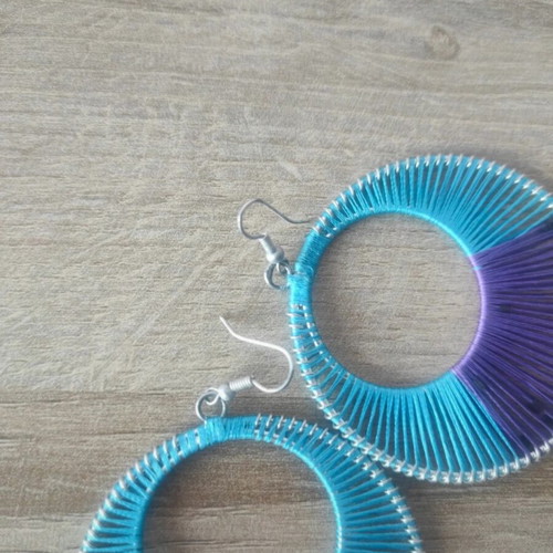 Hoop earrings like new, purple and turquoise with beads