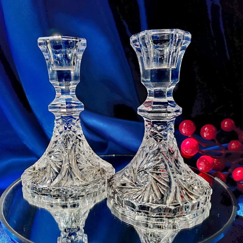 Vintage crystal candlesticks set of 2, lead crystal Bohemia, new