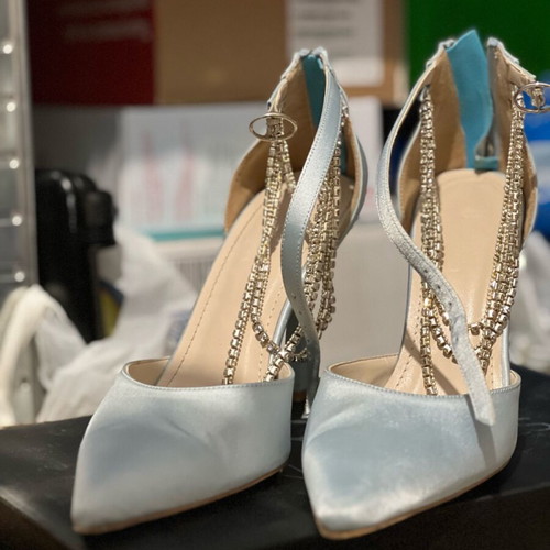 Iris luxury satin baby blue pumps 10cm like new with ankle strap