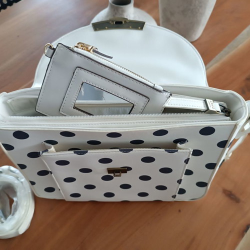 Carpisa crossbody and handheld bag new, white with gray-blue polka dots