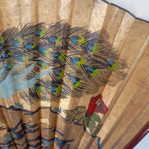 Large decorative Asian art wall fan with peacock feathers and peonies, vintage