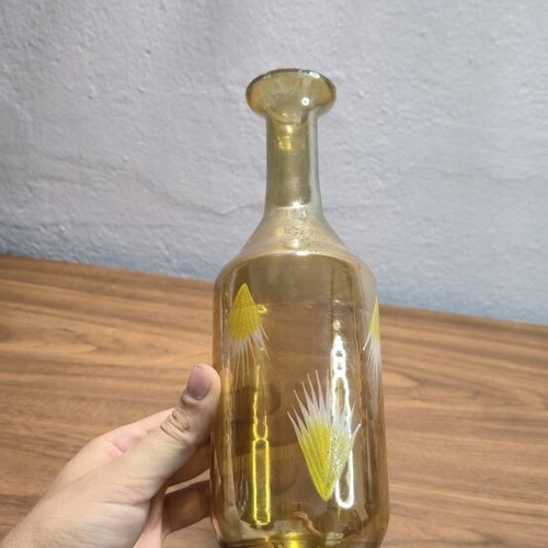 Vintage glass vase amber with hand-painted flowers