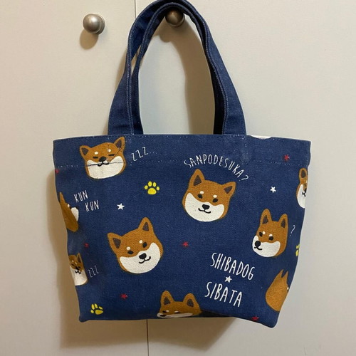 Shiba Inu lunch bag tote, used, dark blue canvas