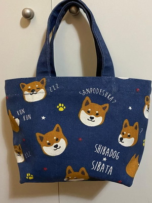 Shiba Inu lunch bag tote, used, dark blue canvas