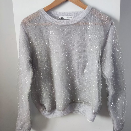 Zara knitted blouse with sequins like new, light gray, size M