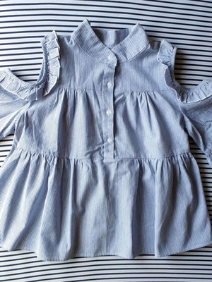 Blue Vanilla blouse shirt with open shoulders and ruffles, new, size S