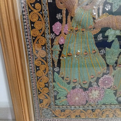 Peacock Embroidery Textile Panel with Gold Frame