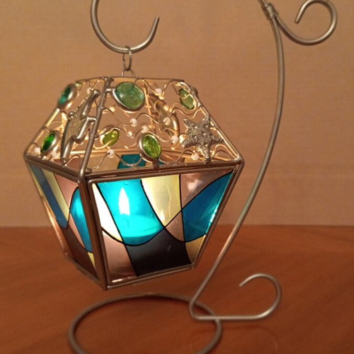 Vintage Handmade Tiffany Style Stained Glass Lantern with Nautical Theme and Base