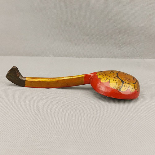 Old Hand-Painted Russian Wooden Serving Spoon Used with Khokhloma