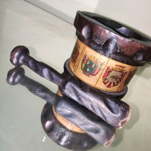 Wooden mortar used with pestle and 9 flags collectible