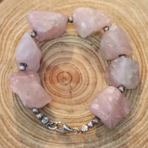 Silver bracelet 925 with raw rose quartz like new, length 18cm