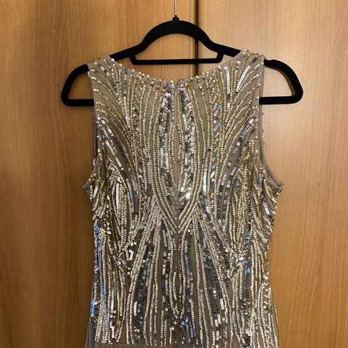 Official long dress new, beige with gold and silver sequins