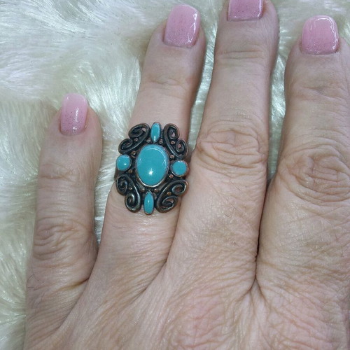 Boho ring with turquoise stones and oxidized metal design new