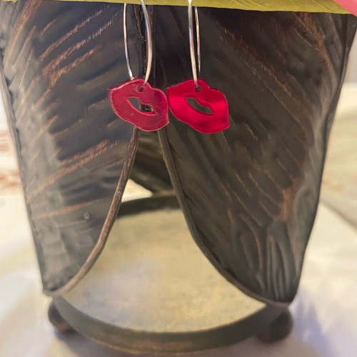 Red Lips Kisses earrings handmade new, small hoops with red lips design