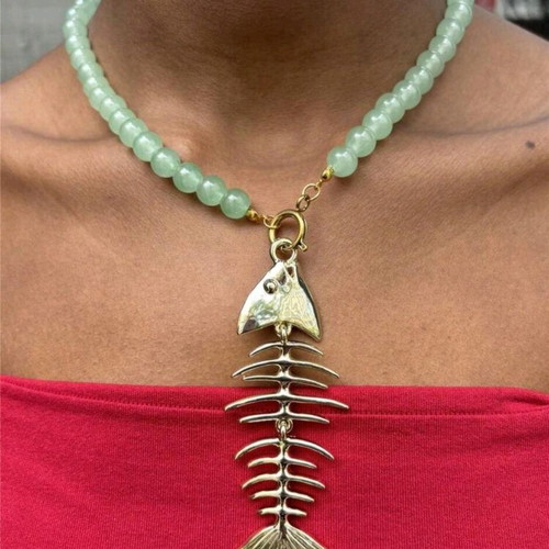 Steel necklace with aventurine new, green and gold