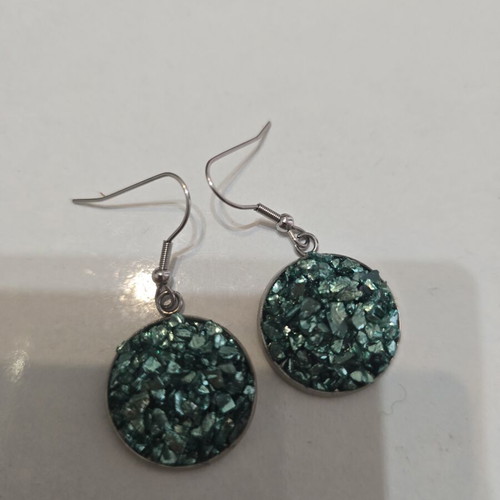 Handmade emerald druzy drop earrings, silver tone