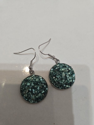 Handmade emerald druzy drop earrings, silver tone