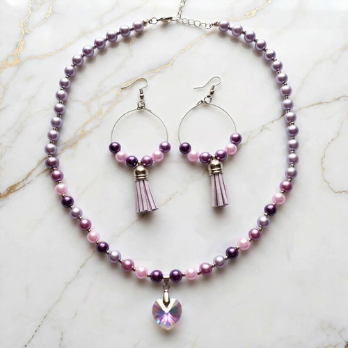Purple beaded necklace and earrings set