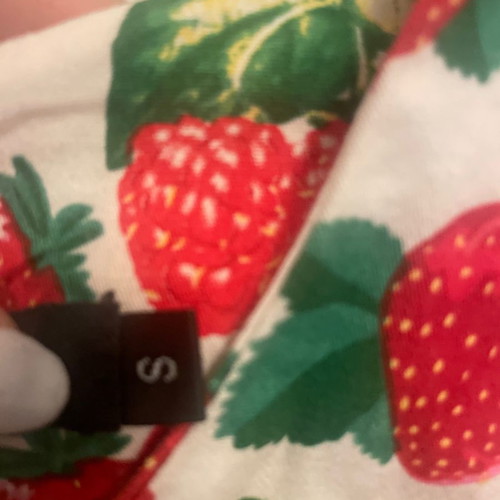 Women's dress with strawberries, below knee length, with belt