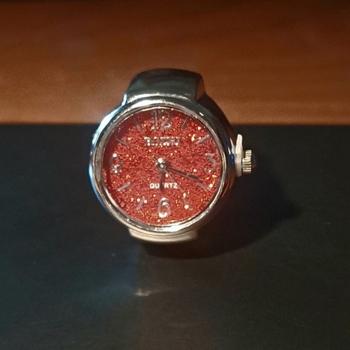 Ring watch quartz with red burgundy glitter dial and silver bracelet like new