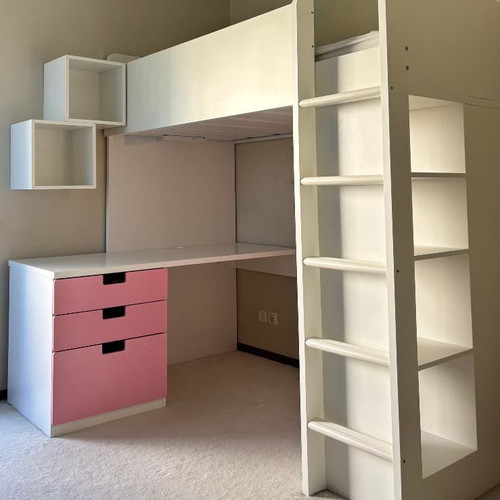 IKEA STUVA loft bed 90x200 with desk, wardrobe & drawers, white-pink