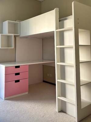 IKEA STUVA loft bed 90x200 with desk, wardrobe & drawers, white-pink