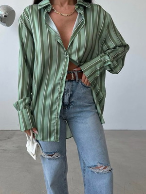 Oversized satin shirt with stripes new, green, size L