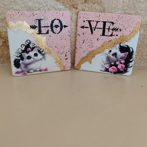 Handmade love cat coasters set of 2 large size