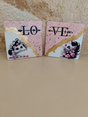 Handmade love cat coasters set of 2 large size