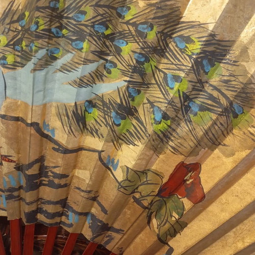 Large decorative Asian art wall fan with peacock feathers and peonies, vintage