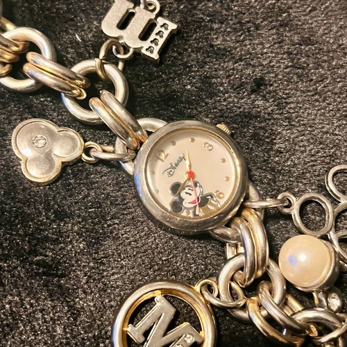 Mickey Mouse charm bracelet watch used, Disney silver tones