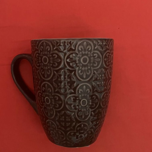 Glass Coffee Mug large with beige interior and embossed design like new