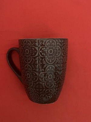 Glass Coffee Mug large with beige interior and embossed design like new