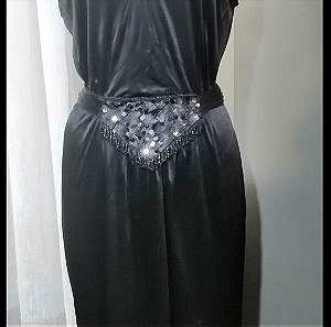 Φόρεμα Large MANGO, μαύρο με στρας στους ώμους και στην ζώνη. Ανοιχτή πλάτη.