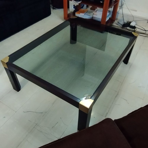 Varagkis walnut coffee table like new with brass details and smoked glass