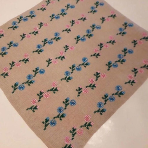 Handmade table runner beige with blue, green and pink embroidery